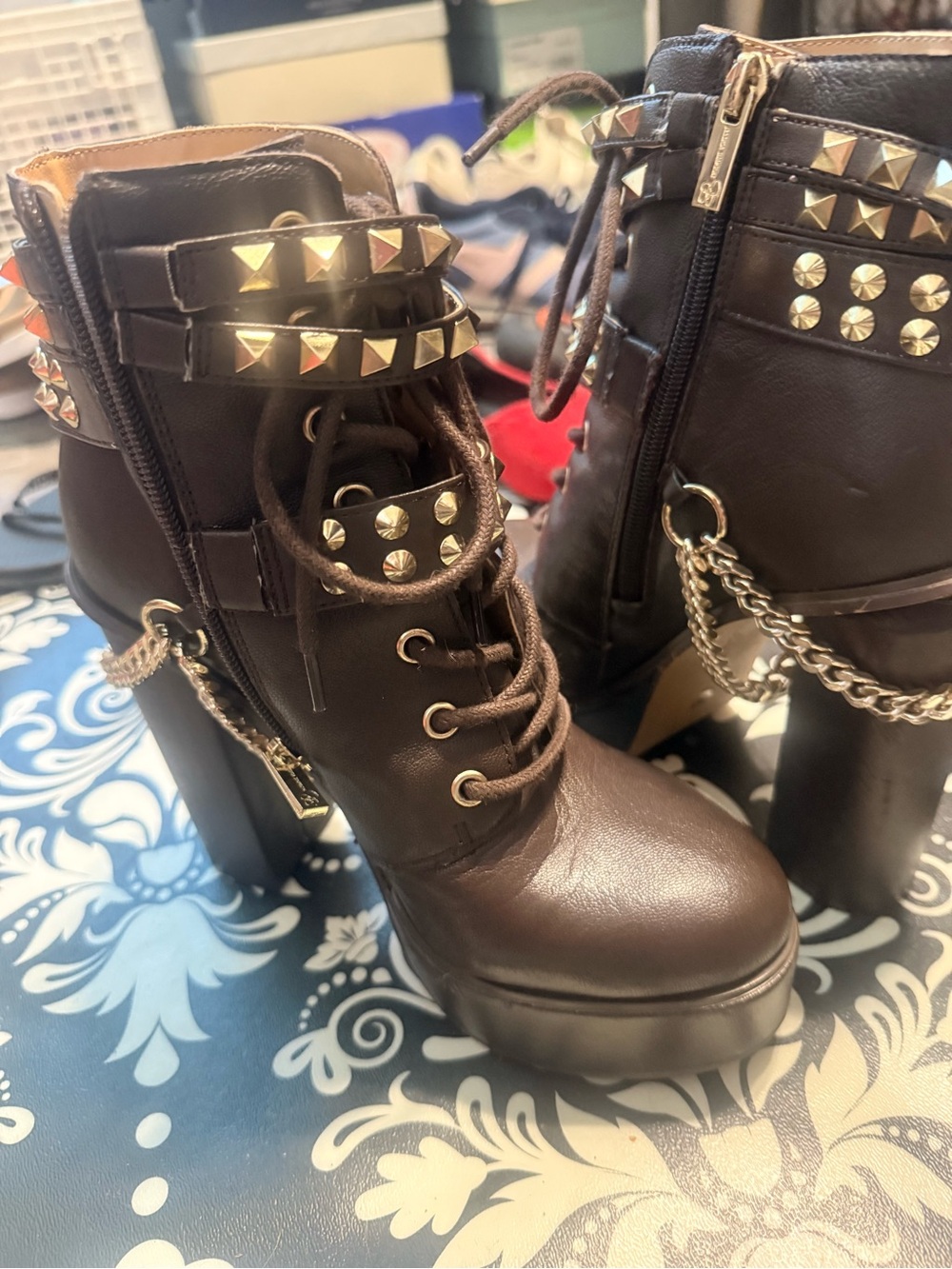 Jessica Simpson Brown Studded Lace-Up Platform Ankle Boots with Chain